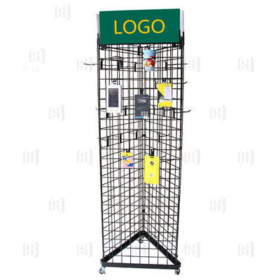 3 Sided Triangle Wire Grid Supermarket Display Racks With Logo And Casters