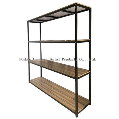 H1800mm L800mm Warehouse Storage Shelves Wood And Black Metal Rack Three Layer