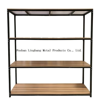 H1800mm L800mm Warehouse Storage Shelves Wood And Black Metal Rack Three Layer