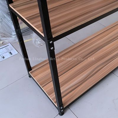 H1800mm L800mm Warehouse Storage Shelves Wood And Black Metal Rack Three Layer
