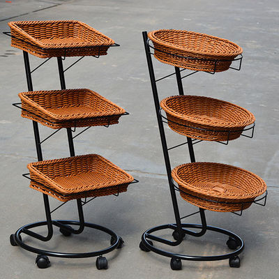 Supermarket Shelf Fruit And Vegetable Display Rack With Rattan Basket wooden racks for shop displays