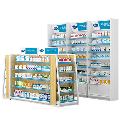 Drugstore L2000mm H1200mm Metal And Wood Shelf Unit Double Sided