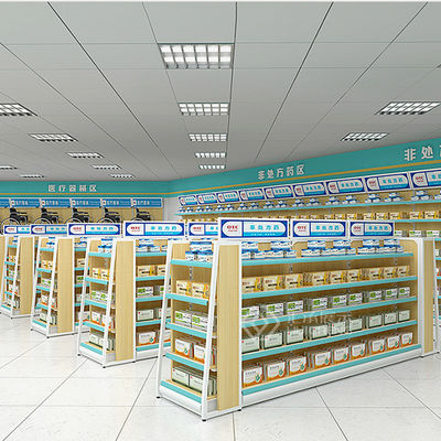 Drugstore L2000mm H1200mm Metal And Wood Shelf Unit Double Sided